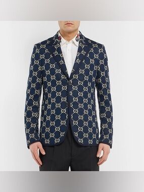 Gucci GG Monogram Blazer Jacket Navy Size 46 NEW Full Set